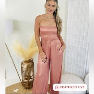 NWT Fantastic Fawn Rose Gold Shimmer Strapless Jumpsuit Size Large